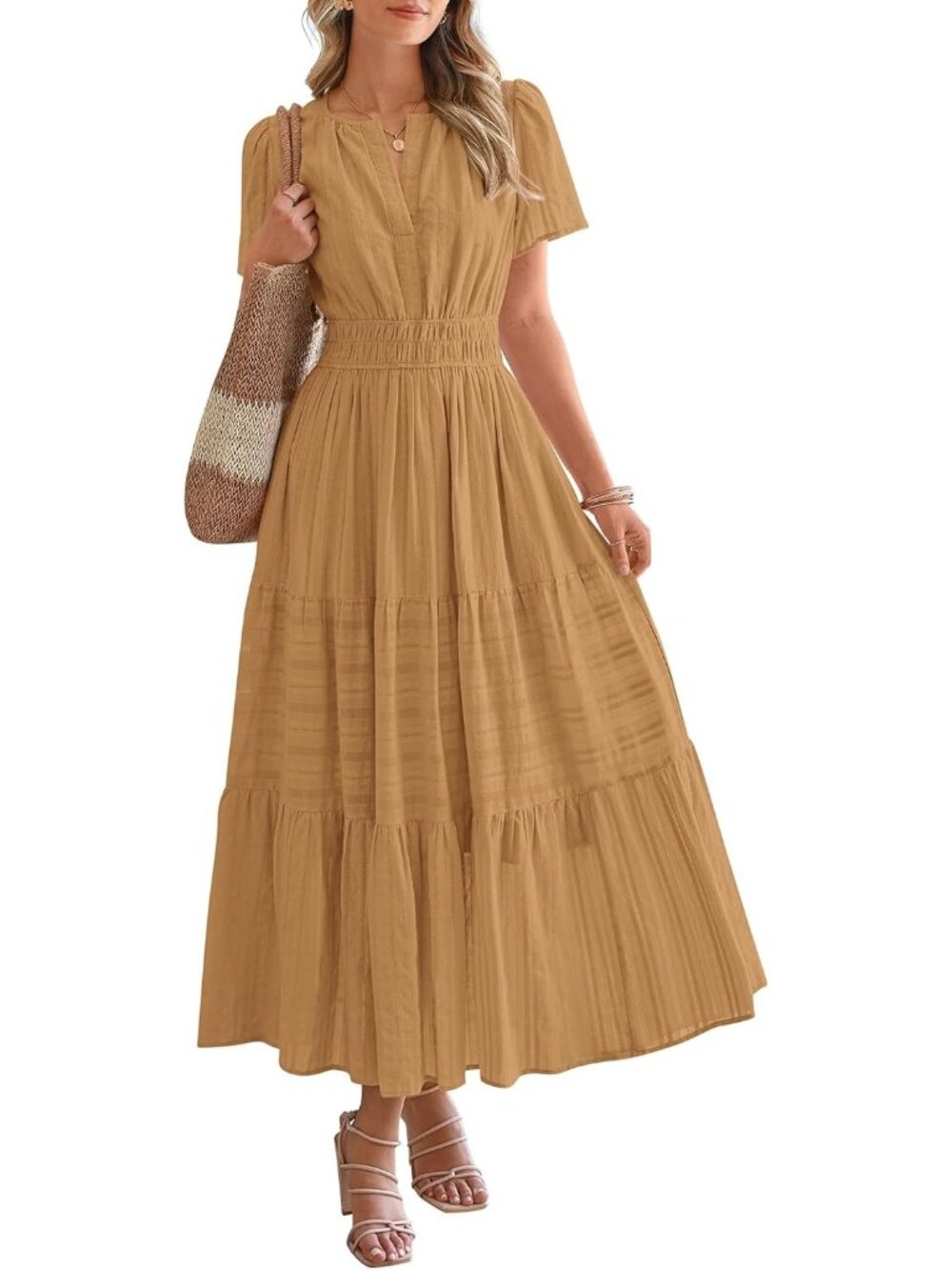 Women's Khaki Sleeve V Neck Elastic Waist Boho Beach Casual Midi Dresses